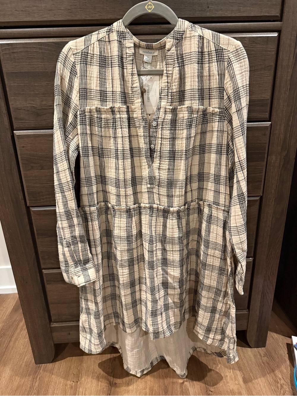 Sundance Beige and Black Plaid Tiered Long-Sleeve Dress